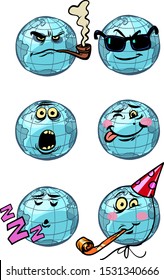 character planet earth. set a collection of emotions Emoji. The theme of the dream humor birthday surprise spy smoking. Comic cartoon pop art retro vector drawing illustration