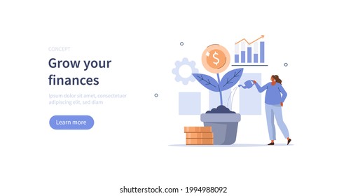 Character planting and watering money tree sprout with gold coin on top. Investment, finance management and economic growth concept. Flat cartoon vector illustration.