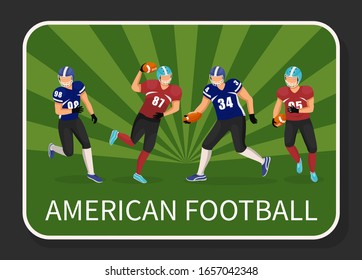 Character playing american football, running teams of college. Soccer or rugby game played by athletes and sportsmen. People tossing ball, exercise of men. Hobby of teenagers, vector in flat