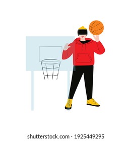 A character playing basketball in virtual reality glasses. Man using VR headset. Flat vector illustration on white background