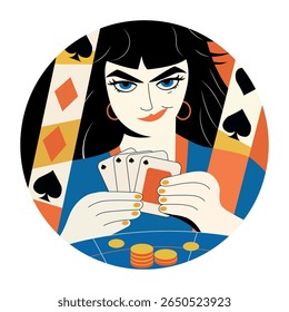 Un personaje jugando a las cartas, ilustración de estilo plano