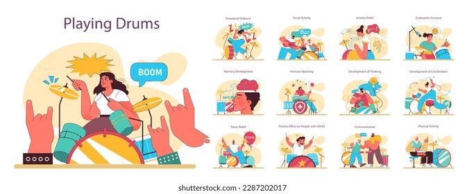 Character playing drums set. Creative hobby positive effects. Drummer practising or performing music, playing musical instrument. Flat vector illustration