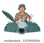 Character playing game on a panzer desk. Cartoon vector illustration. Gamer controls. Gaming concept. 