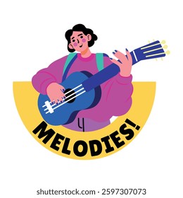 A character playing guitar with melodies typography flat style sticker 
