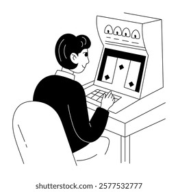 A character playing on casino machine illustration in glyph style 

