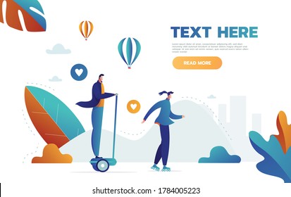 Character playing on rollerblade and standing on hoverboard. Idea of modern technology. Active outdoor lifestyle. Vector illustration in cartoon style