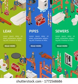 Character Plumber in Uniform Concept Banner Vecrtical Set 3d Isometric View Repair Professional Service Concept. Vector illustration