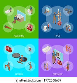 Character Plumber in Uniform Concept Banner Set 3d Isometric View Repair Professional Service Concept. Vector illustration