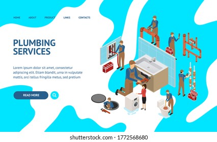Character Plumber in Uniform Concept Landing Web Page 3d Isometric View Repair Professional Service Concept. Vector illustration
