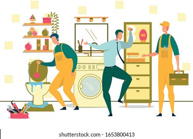 Personaje fontanero en uniforme con émbolo tratando de romper la mermelada en el bol de baños con baño de agua. El cliente principal le dice al maestro sobre el problema. Reparación de fontanería. Ilustración de vectores planos de caricaturas