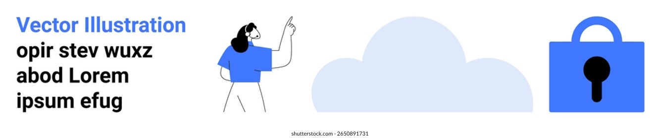 Character pointing at floating cloud with text on left. Large blue cloud icon in center. Blue padlock on right. Ideal for cloud storage, data security, privacy, digital protection, online services