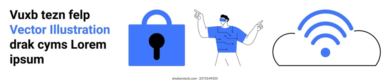 A character pointing at a padlock and a cloud with a wireless symbol in blue. Ideal for data security, cloud computing, internet connectivity, online privacy, and digital technology. Banner