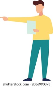 Character pointing to right holding paper