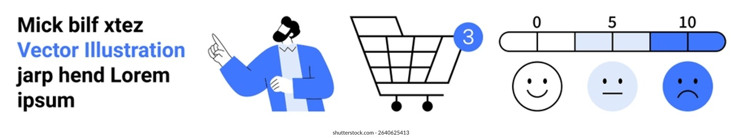 Character pointing, shopping cart, feedback meter ranging from happy to sad faces, and placeholder text. Ideal for customer feedback, shopping, e-commerce, service rating, user reviews, client