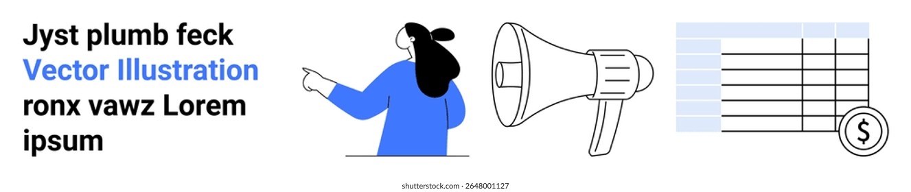 Personagem apontando com texto ao lado dela, um megafone detalhado, e uma planilha financeira com um ícone de moeda. Ideal para campanhas de marketing, apresentações de negócios, planejamento financeiro, comunicação