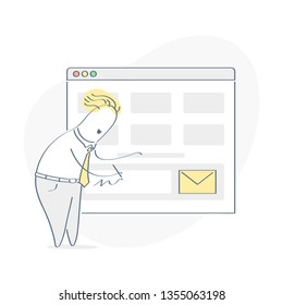 Character points to subscription field  or contact form on the website. E-mail newsletter, subscription for updates, news. Flat outline vector illustration on white. 