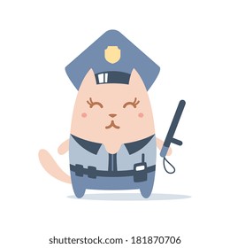 Character police in officer's cap and in the form of police with a official stick colorful flat. Cat female stands smiling and holding a official stick  
