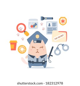 Character police in officer's cap and in the form of police with a official stick colorful flat composition of professional accessories. Cat female stands smiling and holding a  police stick