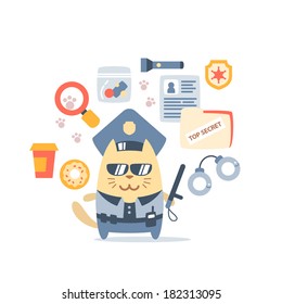 Character police in officer's cap and in the form of police with a official stick colorful flat composition of professional accessories. Cat male stands smiling and holding a  police stick