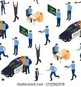 Carácter de policía en el concepto uniforme Fondo de patrón sin problemas en una vista isométrica 3d blanca de inclusión de Camión y arma. Ilustración vectorial de la persona sentada, en funcionamiento y permanente