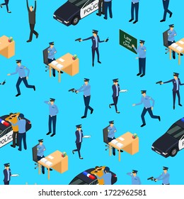Character Policeman in Uniform Concept Seamless Pattern Background 3d Isometric View Include of Car and Gun. Vector illustration of Sitting, Running and Standing Person