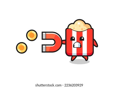 the character of popcorn hold a magnet to catch the gold coins , cute style design for t shirt, sticker, logo element