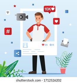 Character popular Pos Malaysia celebrity account. Social media page, beauty woman and handsome guys with interesting poses. Vector illustration