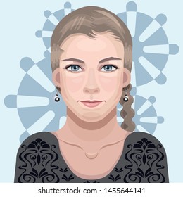 Character Portrait with backgruond. Flat illustration. Cartoon girl. Vector portrait