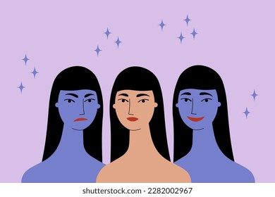 Character portrait with bipolar disorder. Happy and depressed faces. Mental health. Various emotions and facial expressions of one person. Psychological concept. Vector flat illustration