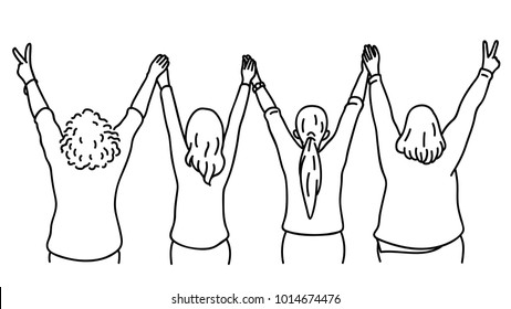 Character portrait of woman, turn backwards, raising hands in the air, holding together, in concept of having fun, celebration, fighting, or friendship. Diversity, multi-ethnic, hand drawn sketch.