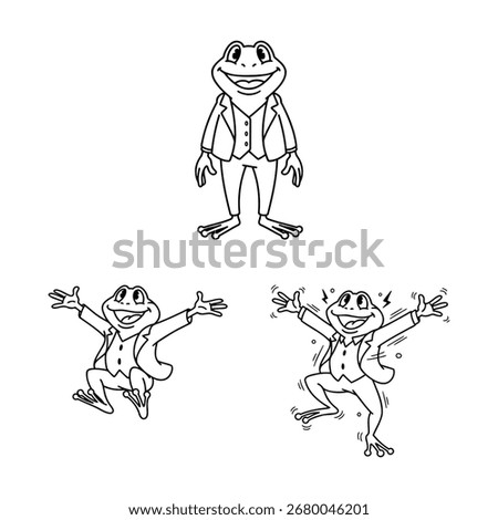 A character pose set of a cartoon frog in a suit, showing a range of emotions from calm to jumping with joy. A perfect illustration for a storybook or animation.