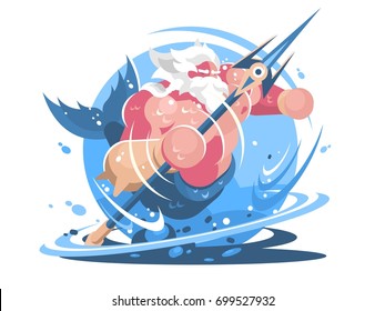 Character poseidon with trident. God of sea and ocean. Vector illustration