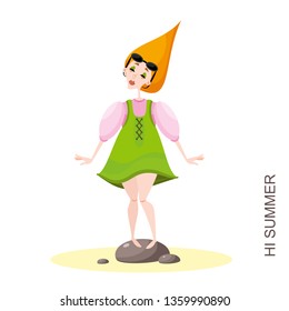 The character poses on a summer walk in the sand. A young red-haired girl in sunglasses and a sundress is barefoot standing on a large stone. Vector illustration in cartoon style.