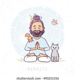 Character positive yoga man in greeting pose namaste with cute cat and squirrel . Vector illustration. Practicing Yoga