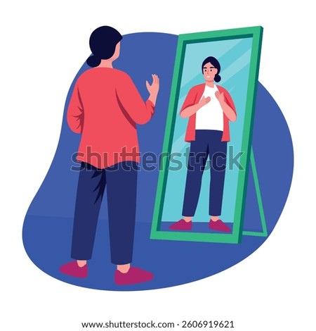 A character practicing speech in front of mirror, flat illustration