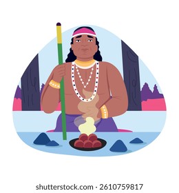 A character praying in shaman ritual, flat style illustration