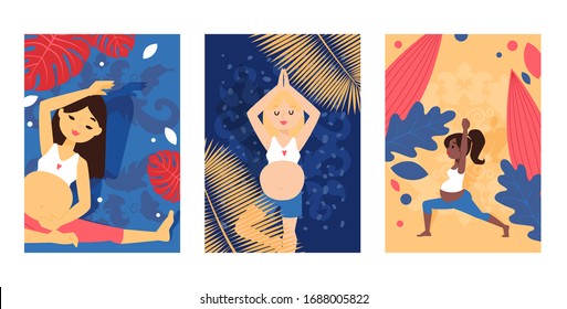 Character pregnant woman, do yoga exercises, sport activity for healthy mother, children, flat vector illustration. Web banner and poster, palm leaf, fitness room. Female yogi twine, stand on leg.