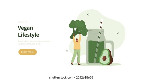 Character Preparing Detox Smoothie From Fresh Vegetables For Vegan Diet. Man Making Healthy Beverage. Vegan Lifestyle Concept. Flat Cartoon Vector Illustration.