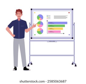 Character presenting a project, business and economic statistics, infographics, plan and  results. Vector illustration in a flat style