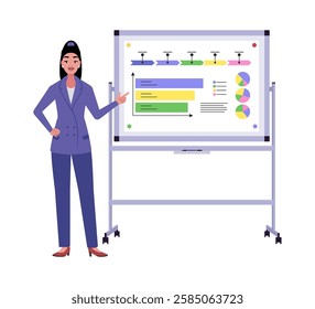 Character presenting a project, business and economic statistics, infographics, plan and  results. Vector illustration in a flat style