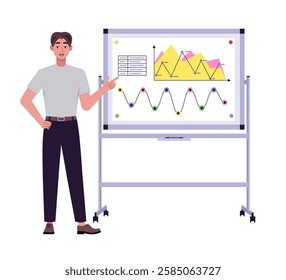 Character presenting a project, business and economic statistics, infographics, plan and  results. Vector illustration in a flat style