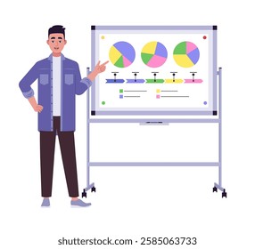 Character presenting a project, business and economic statistics, infographics, plan and  results. Vector illustration in a flat style