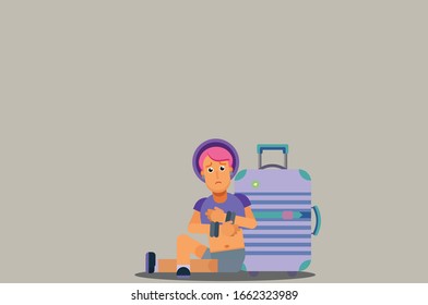 A character of a pretty girl leaned back the suitcase and felt sad, Sadly a summertime theme. Simple character vector illustration, this illustration can use as a sticker also.