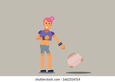 A character of a pretty girl throwing her suitcase, Sadly a summertime theme. Simple character vector illustration, this illustration can use as a sticker also.