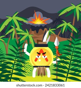 The character of a primitive hunter in the image of a coin on the background of a volcano in the jungle. The concept of jumping on cryptocurrency exchanges