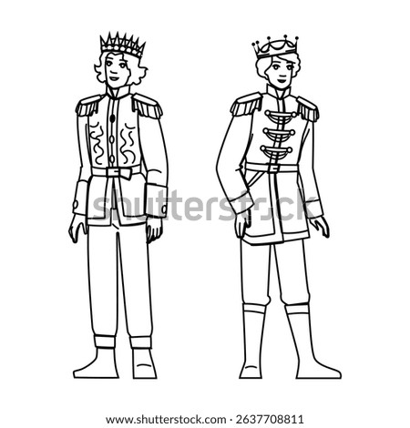 character prince vector. fantasy beautiful, kid drawing, boy print character prince character. people black line pencil drawing illustration