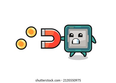 the character of processor hold a magnet to catch the gold coins , cute style design for t shirt, sticker, logo element