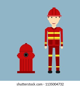 character of Profession Firefighter with Fire safety equipments. Firefighter