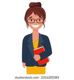 character profession teacher, teacher or educator, book in hand, learning, cartoon character, vector