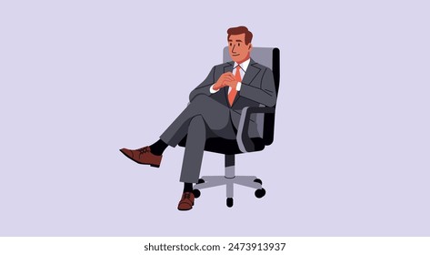 Persönlichkeit des Professionellen Geschäftsmanns CEO Sitting Crossed Legs auf Executive Chair mit zuversichtlichem Gesichtsausdruck, flache Vektorillustration Design